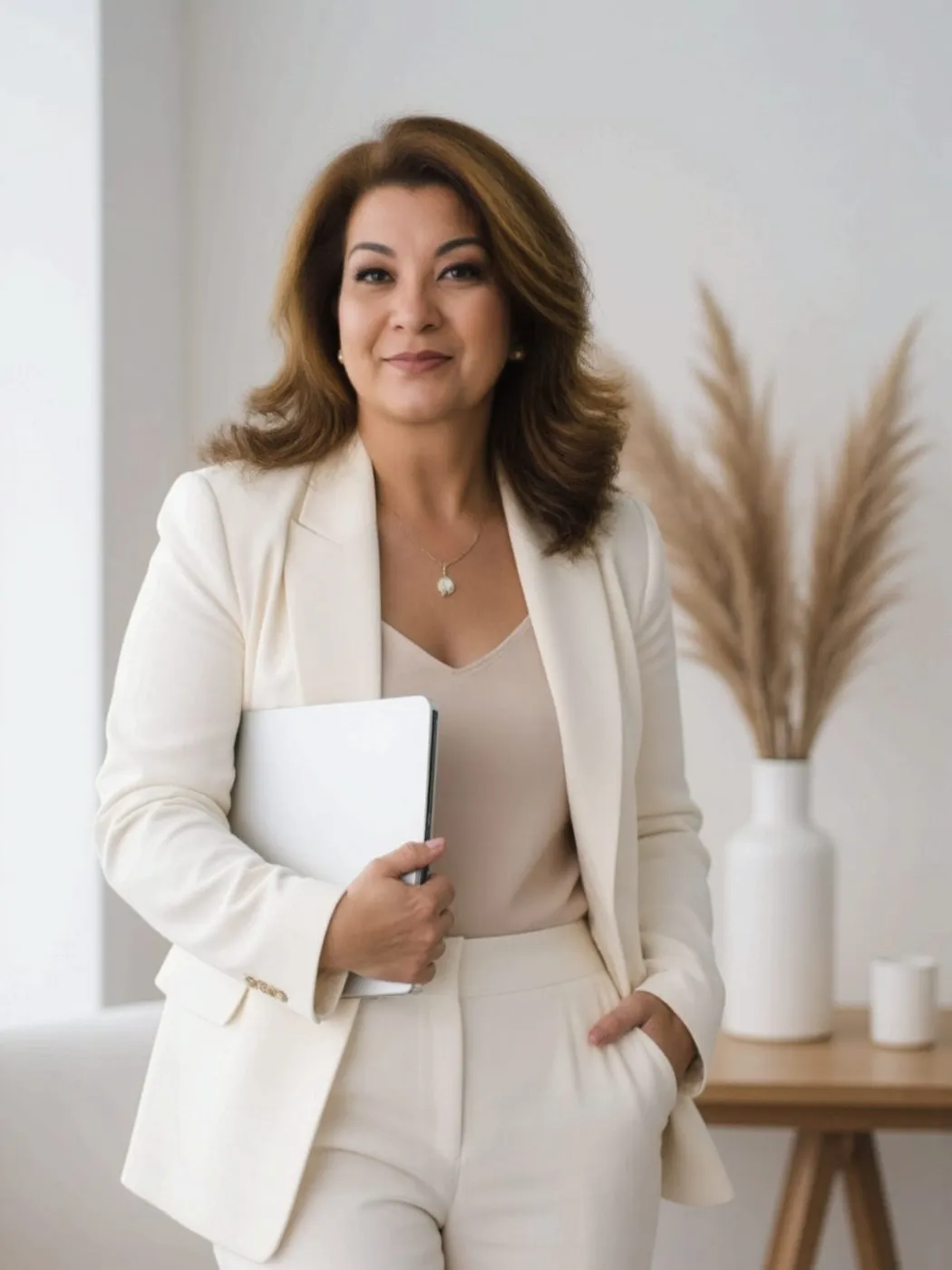 Anna Murakami de terninho branco, segurando um caderno, em ambiente claro