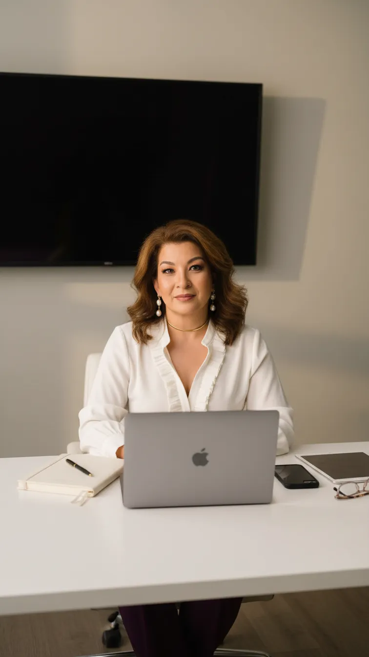 Anna Murakami sentada à mesa com um notebook, pronta para um atendimento online