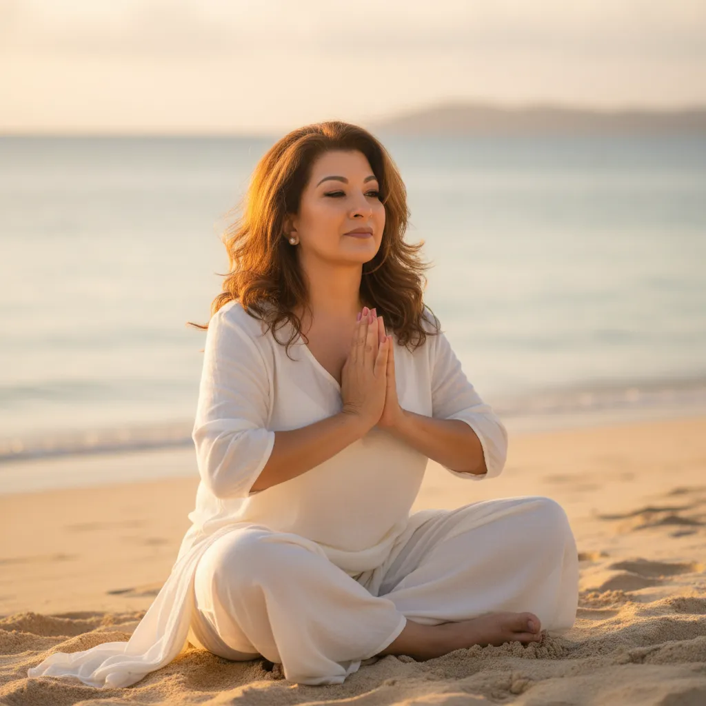 Anna Murakami sentada na areia, de frente para o mar