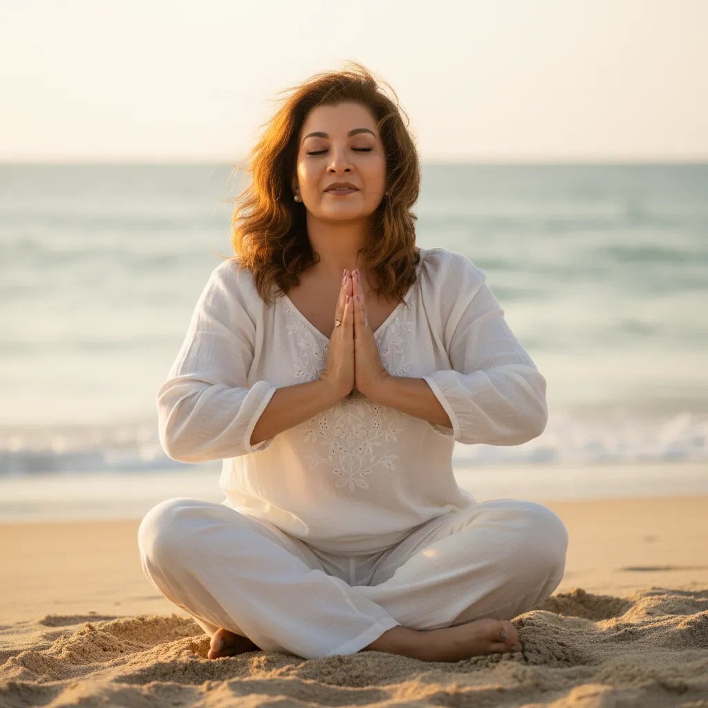 Anna Murakami sentada na areia da praia, de olhos fechados e mãos unidas em meditação