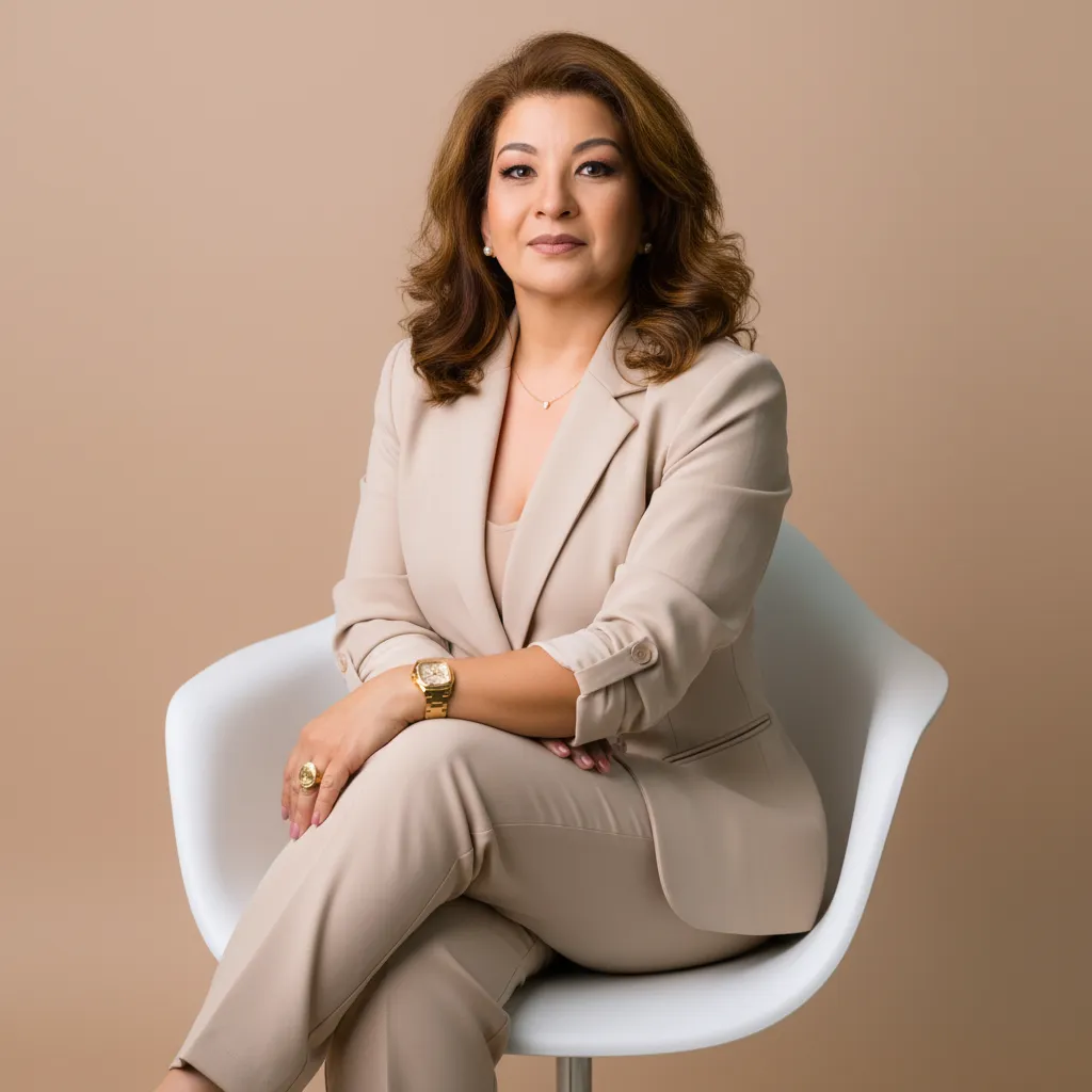 Anna Murakami sentada em uma poltrona branca, sorrindo