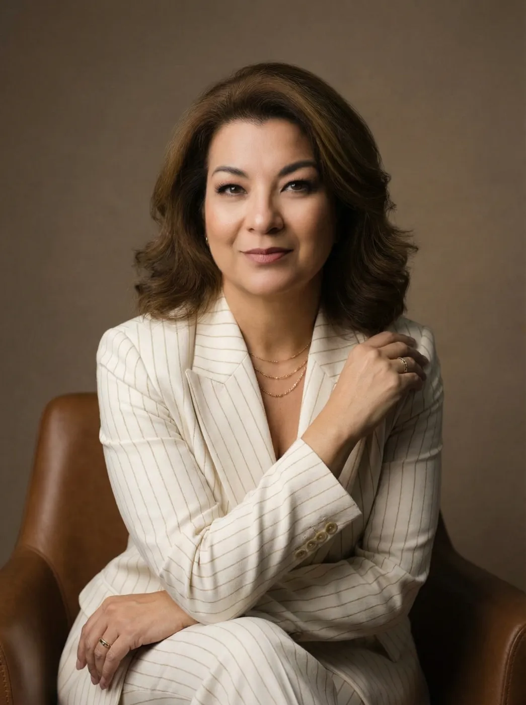 Anna Murakami de terninho listrado claro, sentada em uma poltrona de couro