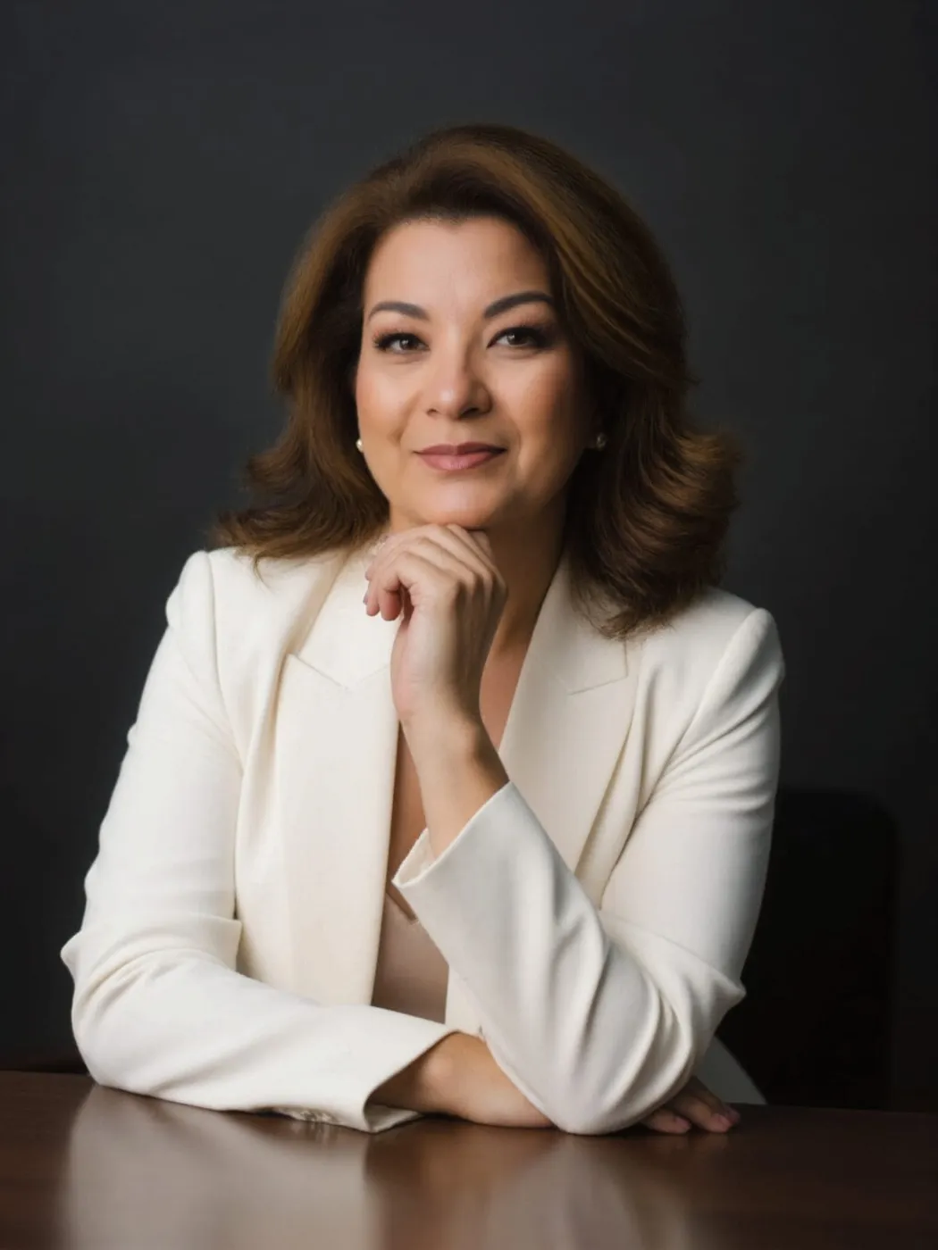 Anna Murakami de terninho branco, sentada à mesa, em ambiente escuro