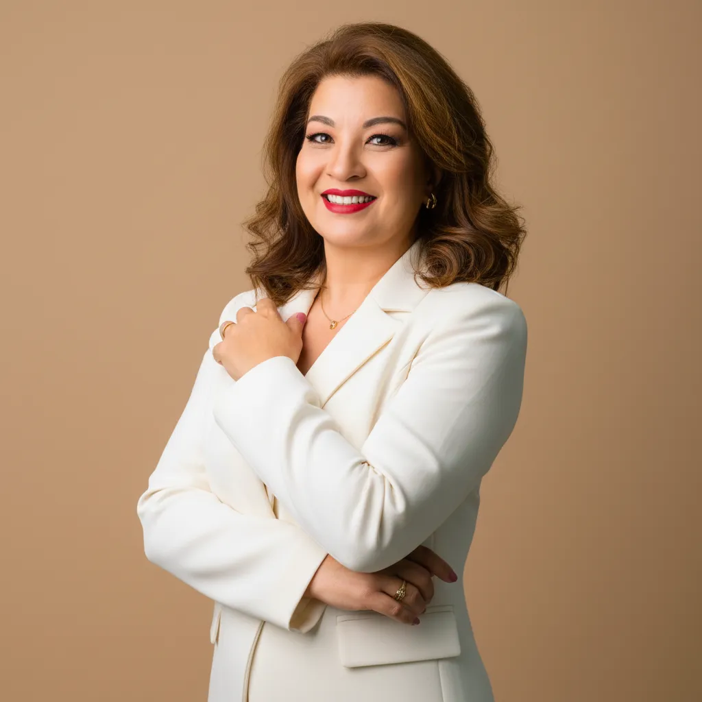 Anna Murakami sorrindo, de terninho branco, com a mão no peito