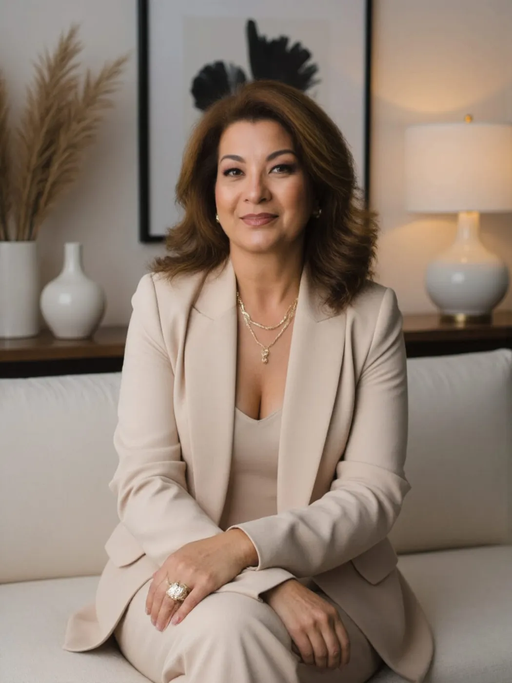 Anna Murakami de terninho bege, em uma sala decorada com plantas secas