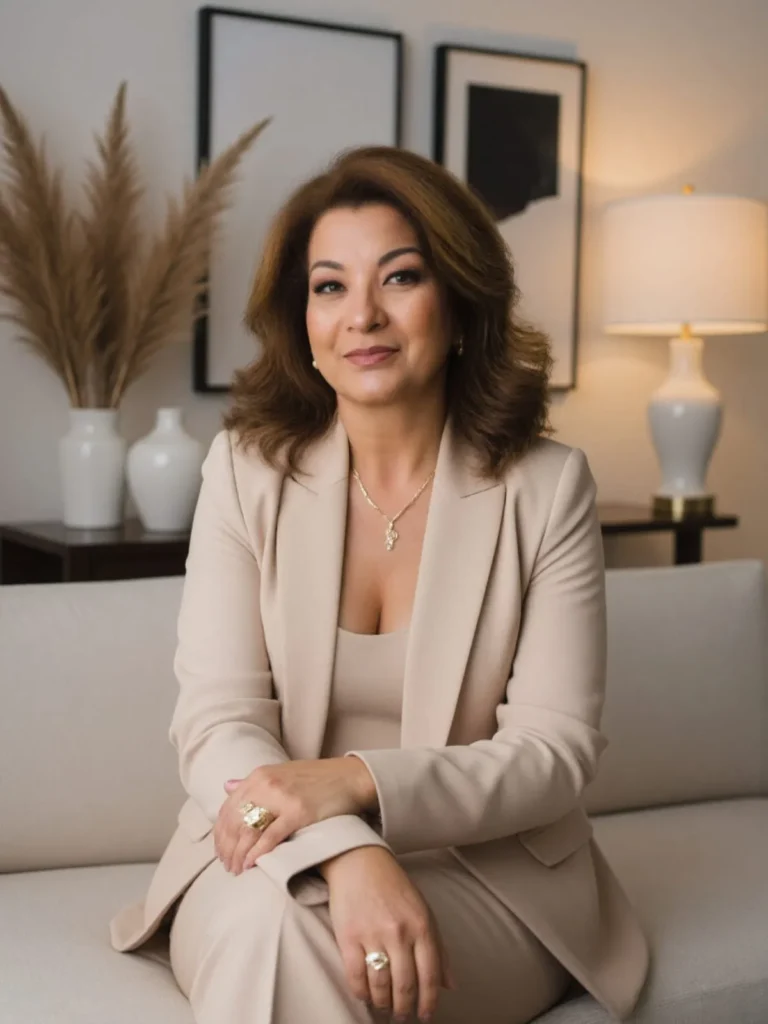 Anna Murakami sentada em uma poltrona, em ambiente acolhedor
